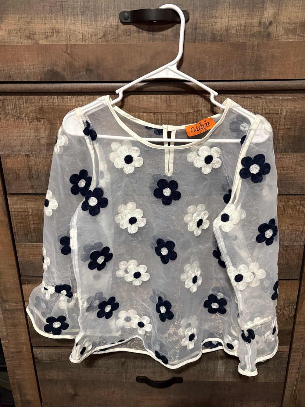 Voom by Joy Han Sheer Blouse with Navy & White Floral Appliqués